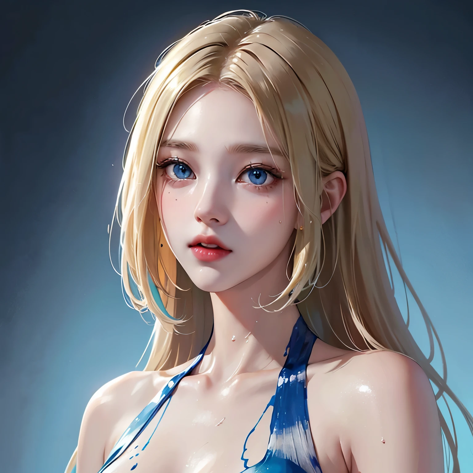 Beautiful supermodel woman with blonde hair, A strand of hair with slight highlights, blue gray eyes, mixed medium, wet paint, jewel beetles, colored background, the color of the liquid running down her face, Photographed by Jinna Chan. - At six o'clock