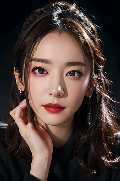 Beautiful woman with red eyes posing for elegant photo with black giant demon, arpino,Gray Hair,Face to face, Ultra-realistic, Clear images,((A giant black demon in the background)),