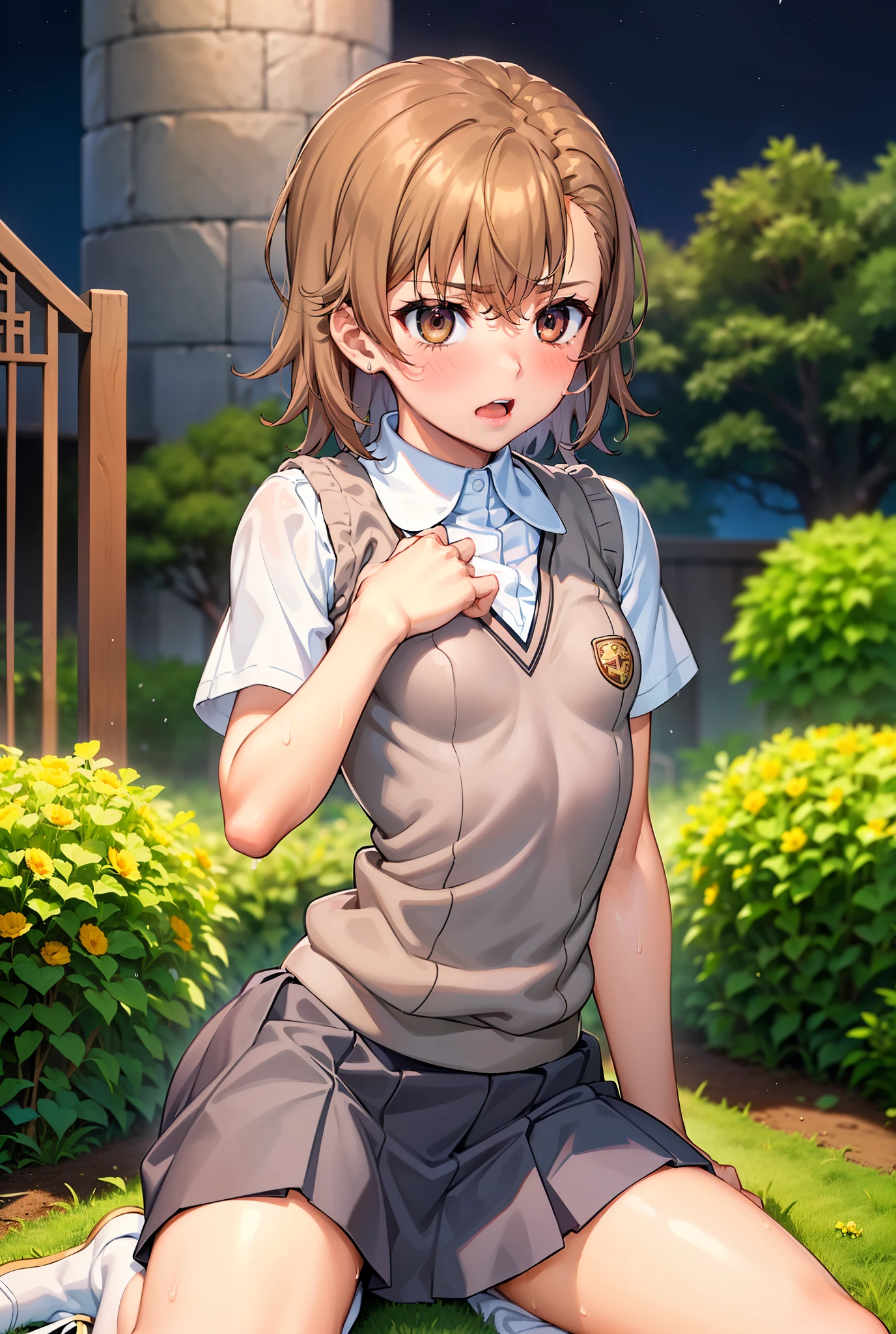 Smooth anime CG art、Focus Only、1 girl、Front view、(((Upper Body)))、(((Grey Skirt)))、Sweater vest、Short sleeve、(((Small breasts)))、(((sweat)))、Semi-short hair、(((Sweaty)))、Watery eye、blush、(((Embarrassed look)))、((Open your mouth))、(((Kneeling)))、(((Spread your legs)))、((garden))、((Night Sky))、Midnight、Outdoor