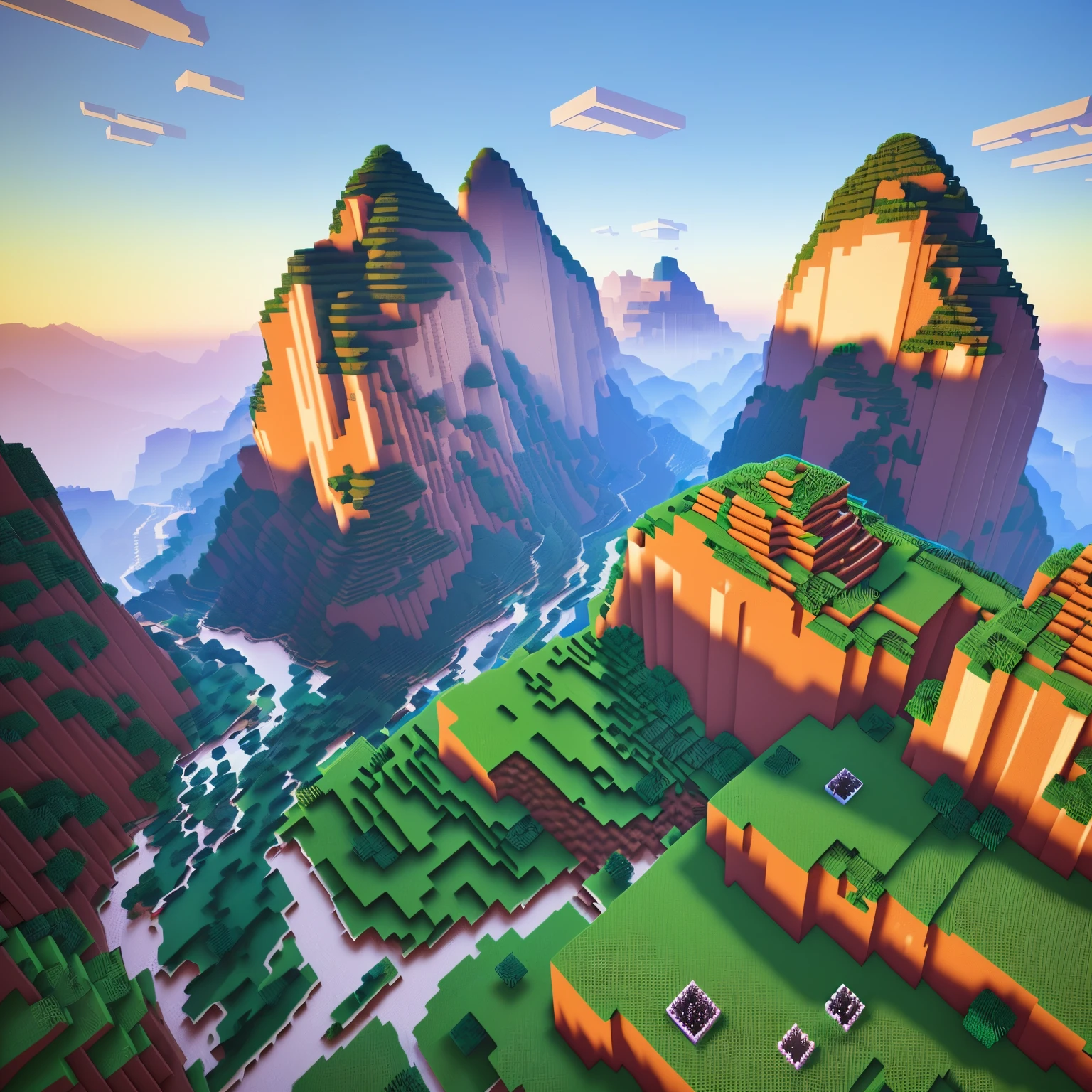 A breathtaking Minecraft pixel style landscape featuring meticulously crafted mountains, (textures: 1.5), (realistic shadows: 1.4), (intricate details: 1.3), sun setting over the horizon, (vibrant colors: 1.2), (artisanal craftsmanship: 1.1), blocky yet captivating terrain, (rich textures: 1.2), immersive perspective, (picturesque: 1.1), pixel perfection, (exquisite detail: 1.3), awe-inspiring, (high definition: 1.2), a digital masterpiece, (stunning visual