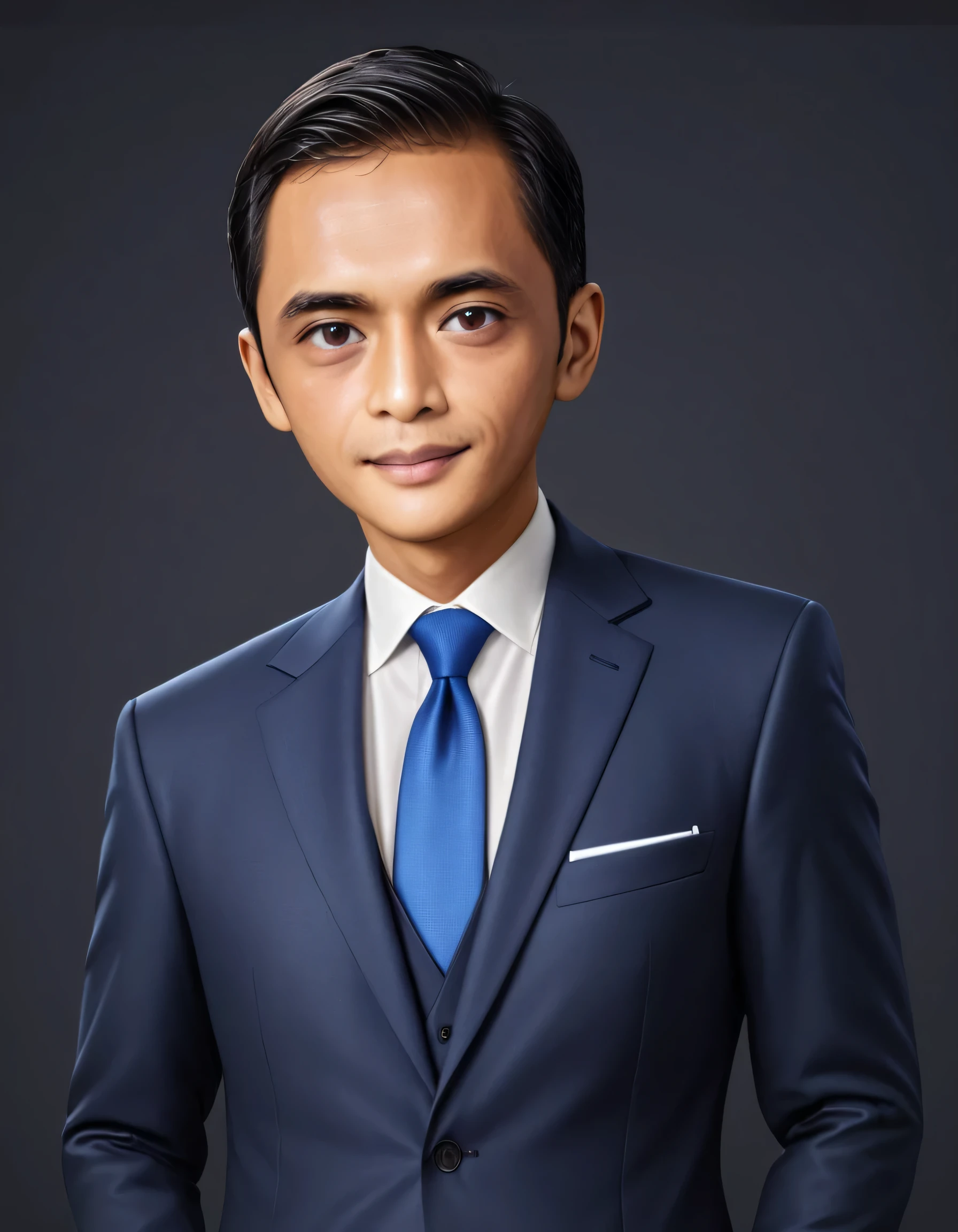 a half body, create a hyper realistic vertical photo of Indonesia middle age happy man in his 60s, short hair, trending on artstation, portrait, digital art, modern, sleek, highly detailed, formal, determined, blue business suit