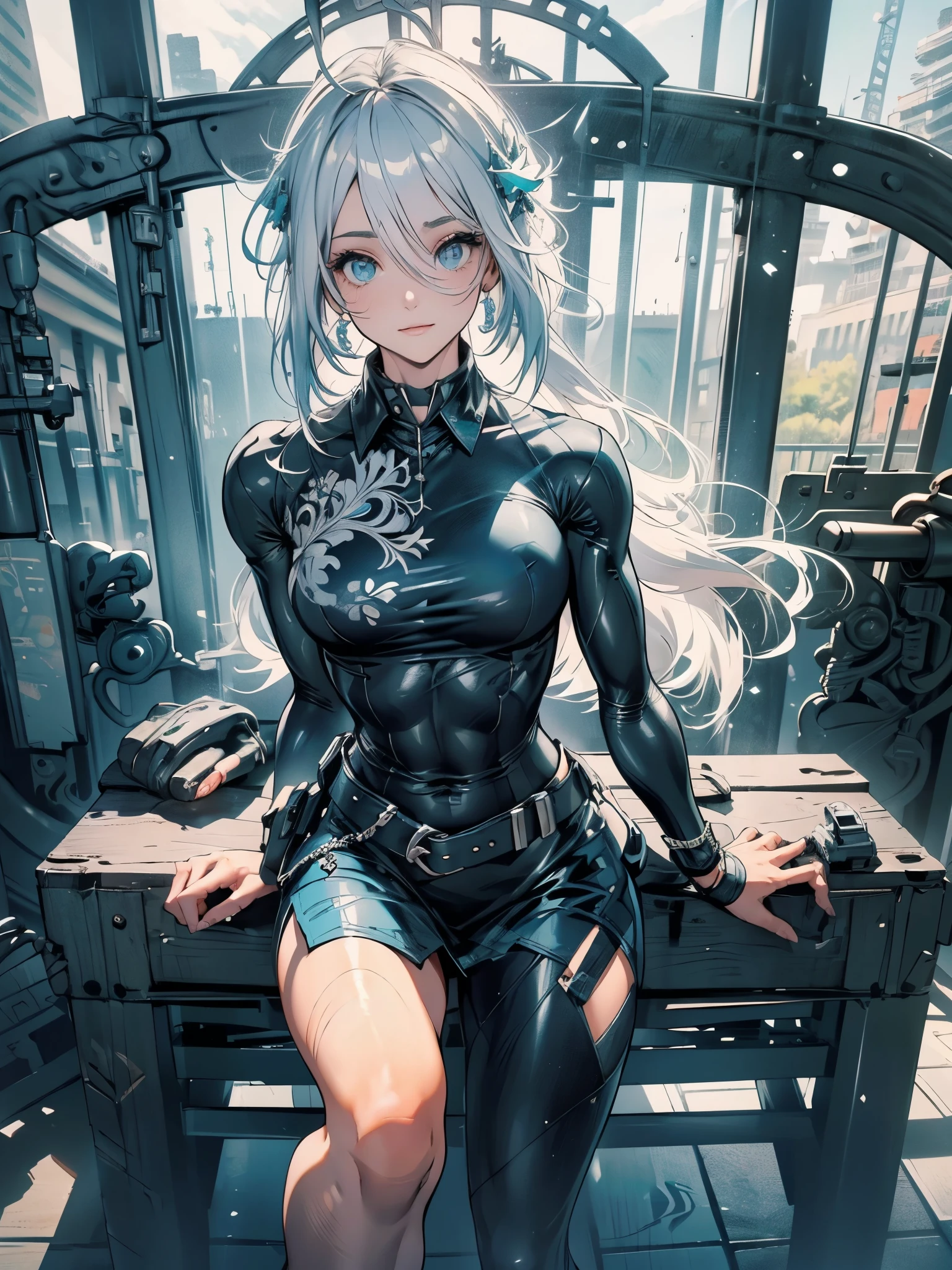 1 garota de perfil, hoshino (arquivo azul), Sozinho, heterochromia, cabelos brancos, white hair, cabelos longos, costeletas longas, saia azul, decote, , Ahoge, barriga a mostra, areola, olhos de cores diferentes, olxadrez, sitting looking up at the sky, aproveitar, Boca aberta, very Cabelo longo, collared Camisa, sorriso, franja, feet outside the frame, entre as pernas, hand back, corar, cabelo entre os olhos, high resolution,obra de arte, melhor qualidade, (((corpo inteiro, seios redondos, fit muscle body))), ao fundo um vasto campo aberto com flores
