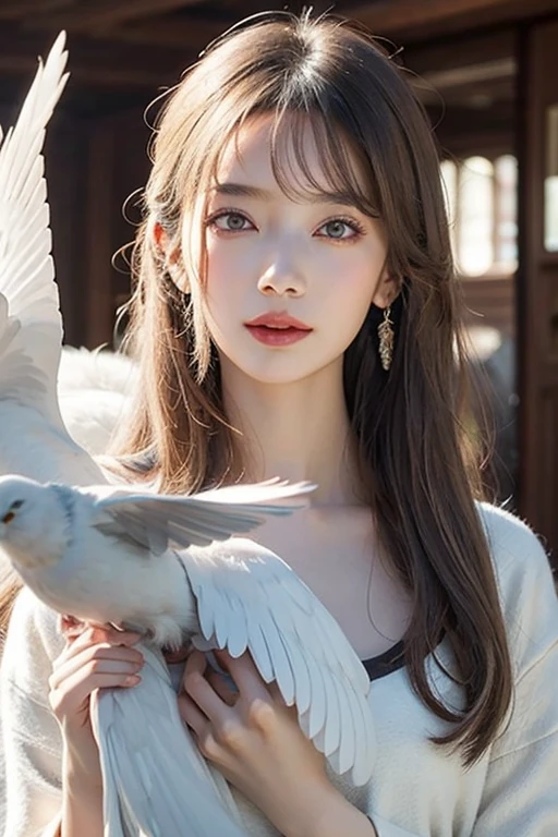 Beautiful woman with red eyes posing for elegant photo with white giant bird, arpino,Gray Hair,Face to face, Ultra-realistic, Clear images,((Giant white bird on background)),