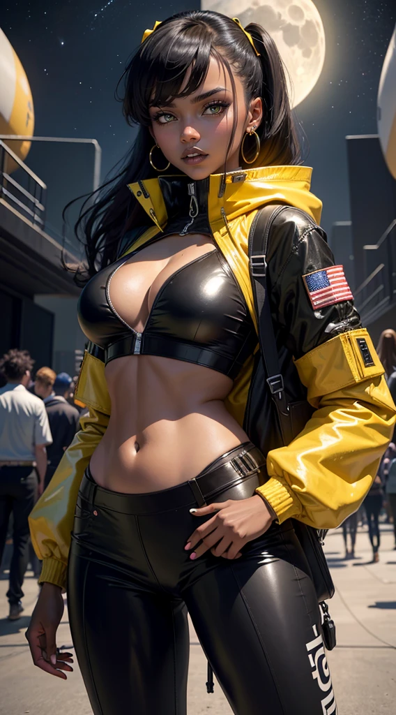 best quality, highres, solo, deep ebony 1girl, beautiful face, black lips, a female character is wearing a yellow and black colored outfit with a backpack and a yellow hoody jacket, dark black and yellow, sports leisure, green eyes, long hair, dangling earrings, cybernetically enhanced, chunky cuban link jewelry, medium breasts, she is standing in front of a moon base with spaceships, satellites and moon rovers, starry night sky, pigeoncore, neo-dadaist, Asuka Langley, neon genesis EVA suit, mechanized precision, space crew member, she holds an important position, in crowd spectator at a tech conference in the style of mecha sci-fi anime