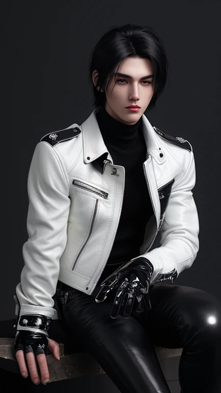 Final Fantasy-style graphics, young, Cute and cool Japanese boys, Thin eyebrows and big eyes, He is wearing a shiny white single-breasted leather jacket...。Biker style leather jacket、 with epaulettes, The jacket is zipped up, The jacket pockets are black., The jacket has a high stand-up collar with a belt, Also wearing a black turtleneck, black leather pants, Thin black leather gloves on both hands, Black leather knee-high lace-up boots, Show me your whole body from head to toe, Final Fantasy Style、((good looking))、((Clear eyes and nose))、((Shiny white single leather jacket))、((The jacket must be white))、((The jacket has epaulettes))、((The jacket has a high stand-up collar and a belt))、((The jacket has a black pocket))、((Black turtleneck shirt))、((光沢のあるblack leather pants))、((Shiny black leather gloves on both hands))、((Black lace-up leather long boots))、((View the whole body image from a distance))、Realistic image quality and texture、In a small cell、close your eyes、A kind smile、((The jacket is closed with a zipper))、((No exposed skin below the neck))、((Round face)、((Short hairstyle))、((Medium build))、