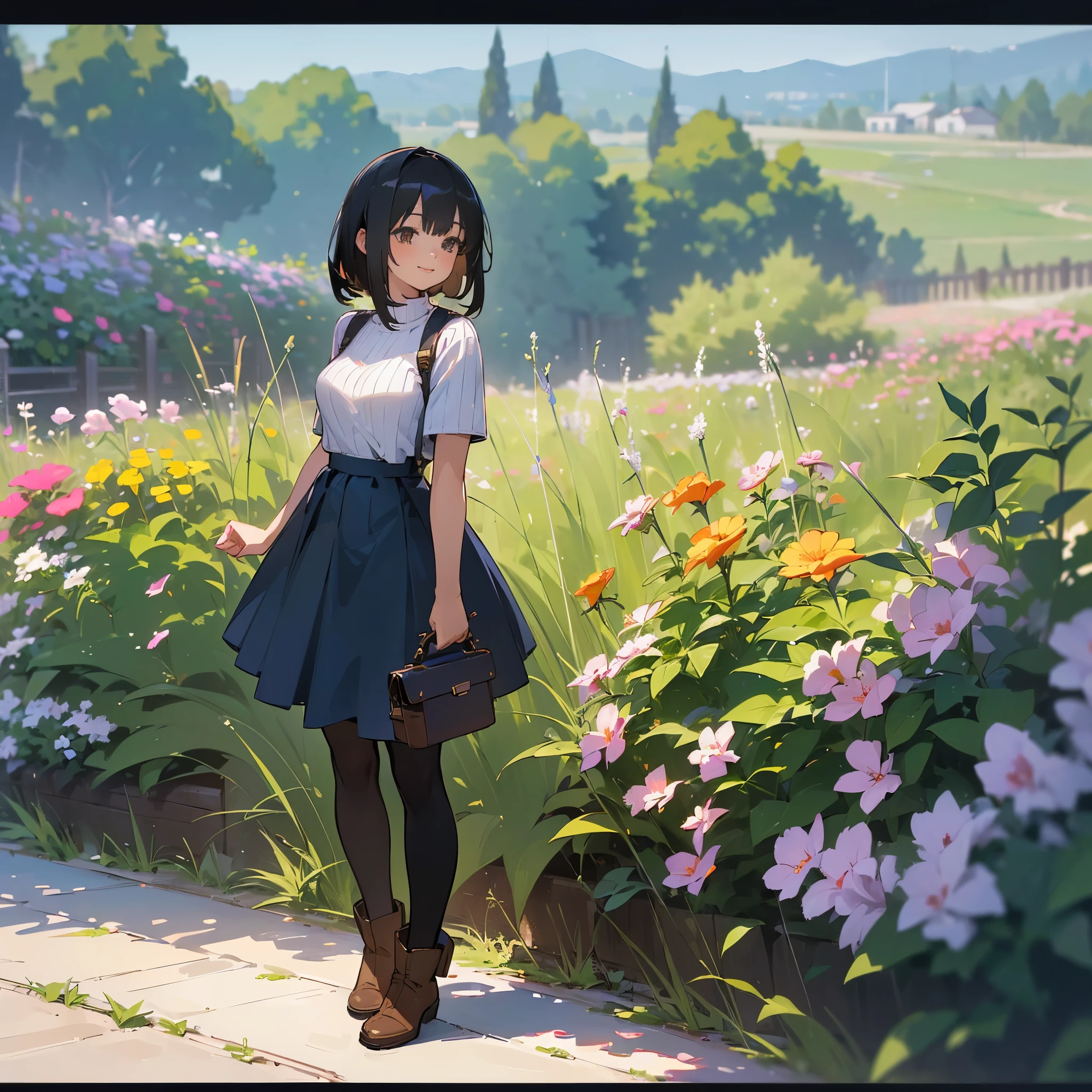 (high quality, High resolution, Very detailed, reality:1.37), Peaceful atmosphere, (Outdoor, garden), teenage girl standing alone, (my breasts are big.), Beautiful detail features, Cute Smile, (Black bob hair), Short sleeve ribbed sweater, Blue Skirt, Black tights, Brown boots.