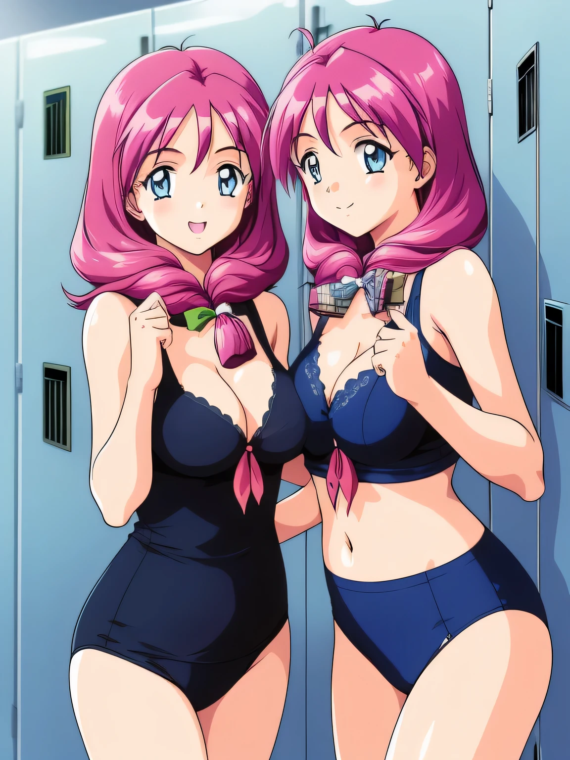 shirayuki, Two Girls, Multiple Girls, twins, smile, brother, Sisters, blue eyes,Browsing Caution,locker room,Change clothes,underwear,Take a selfie,good,retro artstyle, twins, Long Hair,  1990s (style), chest, brother, View audience, city, Day,
masterpiece, expensive quality, very_expensive_solve, big_file size, Full Color,