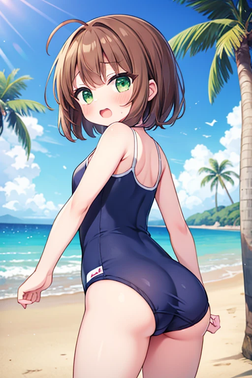 1girl, kinomoto sakura, swimsuit, beach, outdoors, solo, ass, school swimsuit, green eyes, palm tree, tree, brown hair, short hair, day, looking back, beach,open mouth,blush,small hip,crying face,antenna hairget wet
