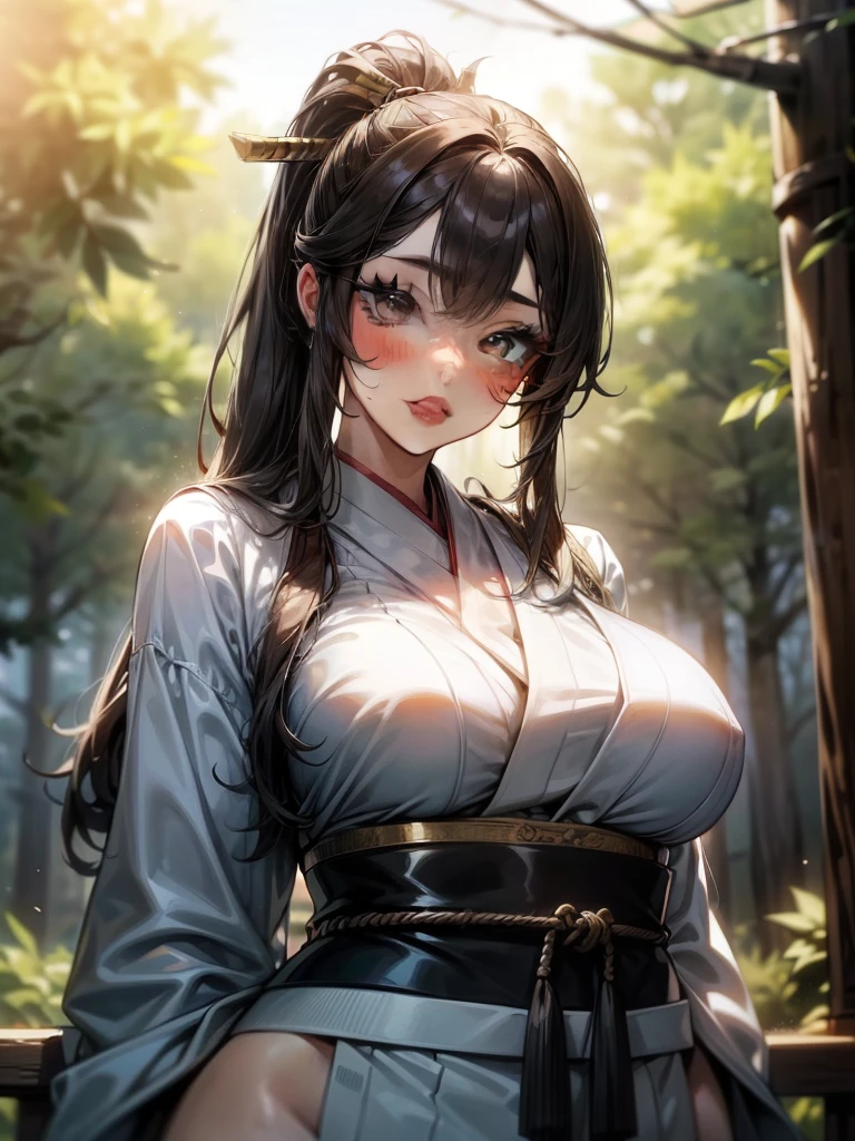 {{{masterpiece}}}, {{{best quality}}}, {{ultra-detailed}}, {cinematic lighting}, {illustration}, {beautifuly detailed eyes}, {1girl}, extremely detailed, 1girl, solo,  A beautiful samurai warrior, blue hair in a long ponytail, wearing white and black kimono, warrior, playful, brown eyes, huge breasts, hourglass figure, facing viewer, outdoors, woodland background, highly detailed face and clothing, slightly narrow eyes, perfect face, fair skin, hair bangs, long hair, cowboy shot, noble beautiful, traditional Japanese clothing, samurai woman