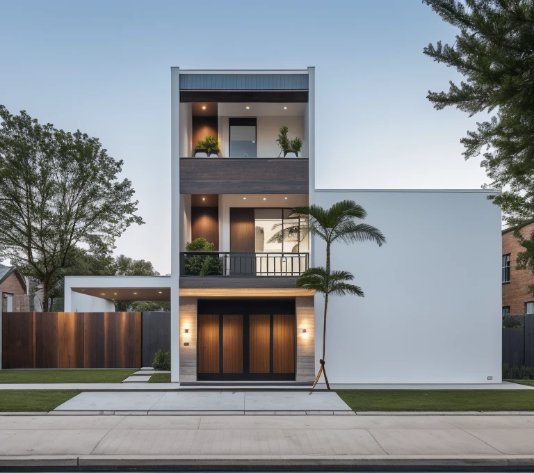 1 morden house, cofe space:1.4, main material by white wall and wood, large yard, 1 road runs in front of the house, (RAW photo, real, best quality, masterpiece:1.2), look morden minimalist, 1 road in front of the house, shime ring light, light brighteness from indoor:1.2, dynamic lighting:1.3, (hyper realistic, photo-realistic:1.2), high quality, (dark lighting:1.2), perfect lighting, archdaily