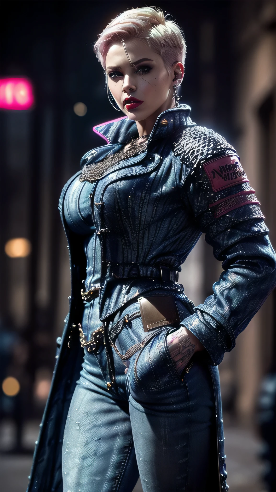 (masterpiece), (extremely intricate:1.3), (realistic), muscular bodybuilder girl, ((short undercut (([blonde hair:pink hair:0.7], [flat chest:large breasts:0.4], upper body, makeup:1.5, ((jeans, perfectchainmail duster trenchcoat), red lips, neon night, darkness, shadow), tattoo:1.2))))), outdoors, ((cyberpunk street)), professional photograph, sharp focus, dramatic, award winning, cinematic lighting, volumetrics dtx, (film grain, blurry background, blurry foreground, bokeh, depth of field), 8K