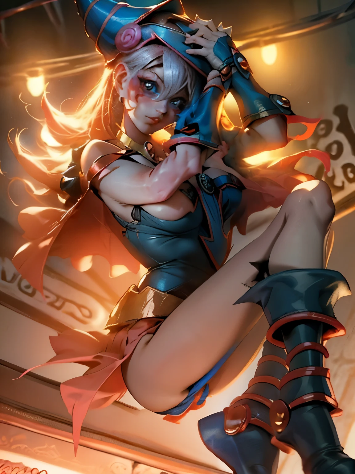 Maga oscura gils vestida de Harley Quinn. Tiene cabello rubio y negro. Ojos azules. Labios rojos. Dark magician gils is dressed as Harley Quinn. Pose sensual y inocente. Fondo de circo y magia.