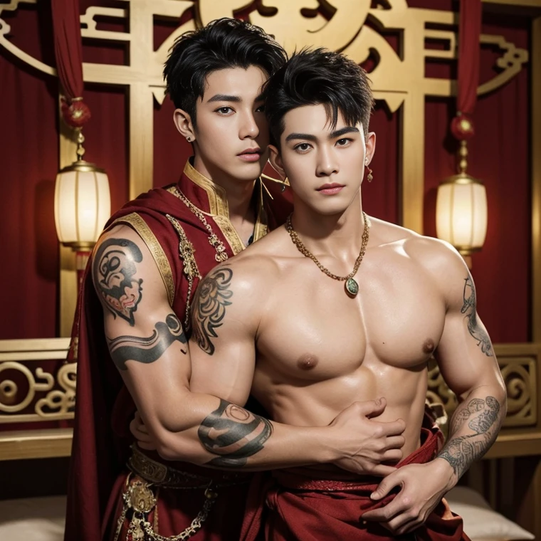 ( safe for work),Two handsome boys kissing, smiling at each other,hugging, kissing, touching lips, cuddle, romantic,skin ship, Chinese Men God, Mythology, realistic, Chinese odyssy, super Handsome,manly, kpop idol, handsome korean actor, 20 years old,, detailed face, manly jawline, detailed mess curly styling hair, Topless, Muscles, big breast Athlete body, Full Frame,full body shoots, realistic, human skin, tattoo breast, Professional studio Lighting, long red tibet wedding Outfit, jade and golden pendent all over , detailed jewery in dress, earings,Chinese ancient wedding Background,out door, super detailed background,look at camera , open mouth, thin Underneathe Underwear, tibet Warrior, Hanfu red wedding dress, tibet Male, tibet Nobel, Seduce , bare chest , tattoo chest, tattoo arms, tattoo hands, tattoo back, tattoo legs , tattoo belly, big juicy butts,