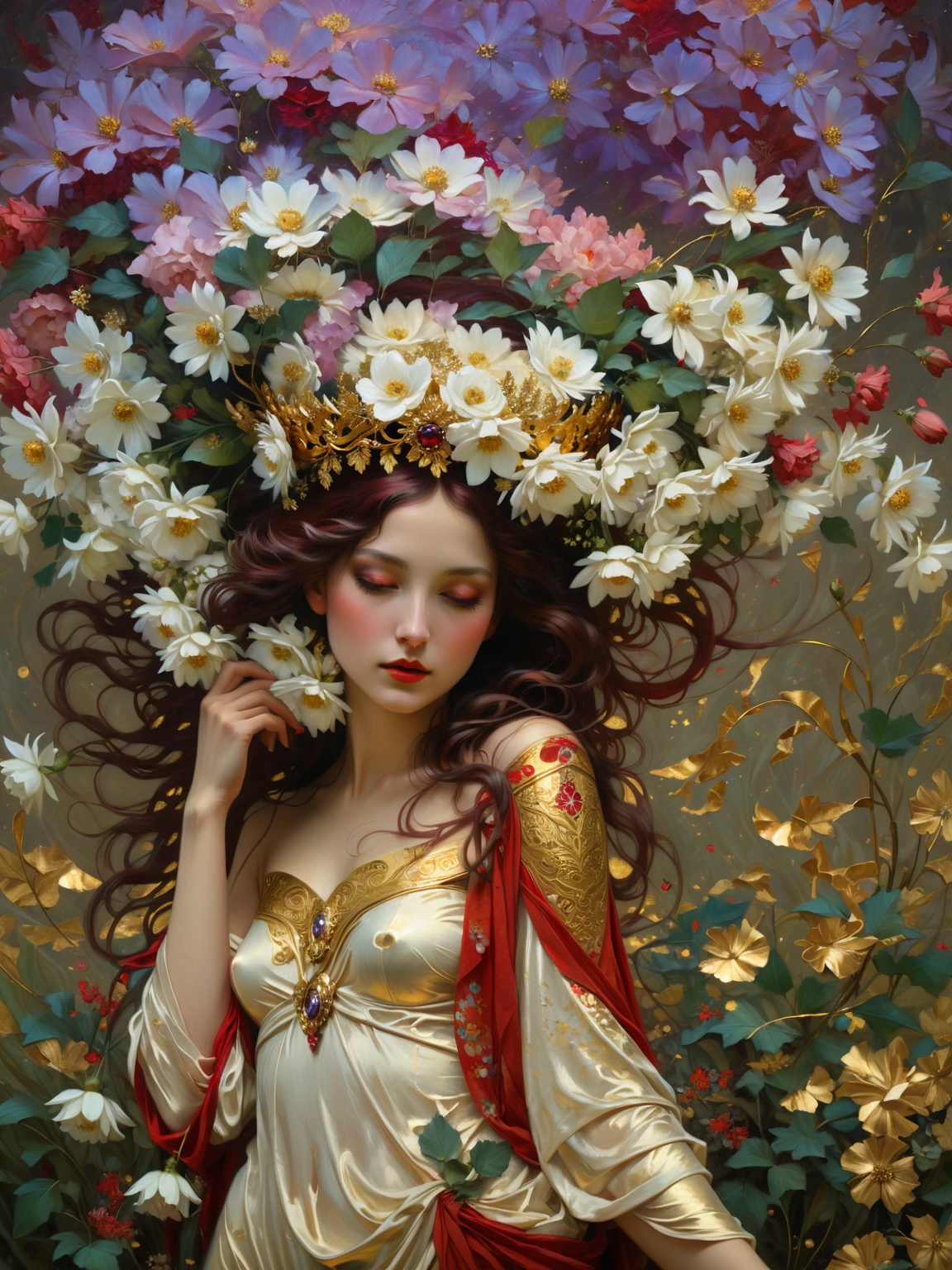 a painting of a woman with a flower crown on her head, flower goddess, woman in flowers, she has a crown of flowers, a goddess in a field of flowers, covered with flowers, mucha klimt and tom bagshaw, girl in flowers, persephone in spring, flower queen, goddess of spring, jinyoung shin art, female portrait with flowers, RAW photo of (adult:1.3),a  female burst of tangy crimson cascades,entwining magic and technology with viscous allure disappears into the shadows,in a neo-expressionist masterpiece of gold embrace,topless,small breasts,hair between eyes,(skinny, thin body:0.4),(chiaroscuro:1.3),(octane render masterpiece,masterpiece scale,beautiful depth of field,ultra wide field,ultra detailed CG perspective,ultra dynamic lighting amazing shadows,dramatic lighting), Convey the sense of inner strength and confidence. Introduce a gentle, atmospheric haze in the environment, creating a soft diffusion of light and giving the impression of gold aura and presence.