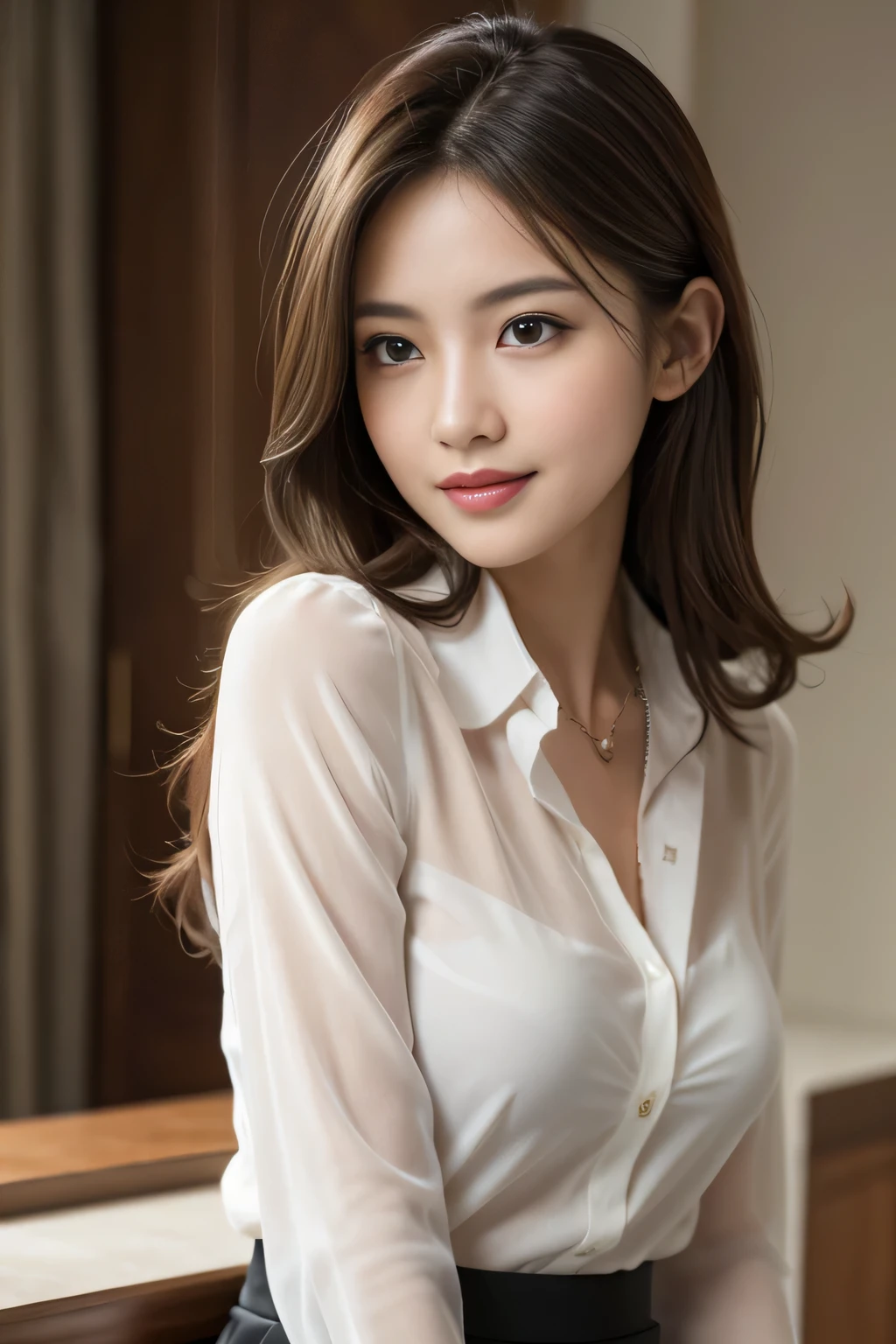 Tabletop, highest quality, Realistic, Very detailed, finely, High resolution, 8k wallpaper, One beautiful woman,, Light brown messy hair, He is wearing a black see-through dress shirt with an open collar......., Sharp focus, Perfect dynamic composition, Beautiful and detailed, Thinning hair, Detailed Realistic skin texture, smile, Close-up portrait, Model Body Type、president'secretary、mini skirt、High heels、