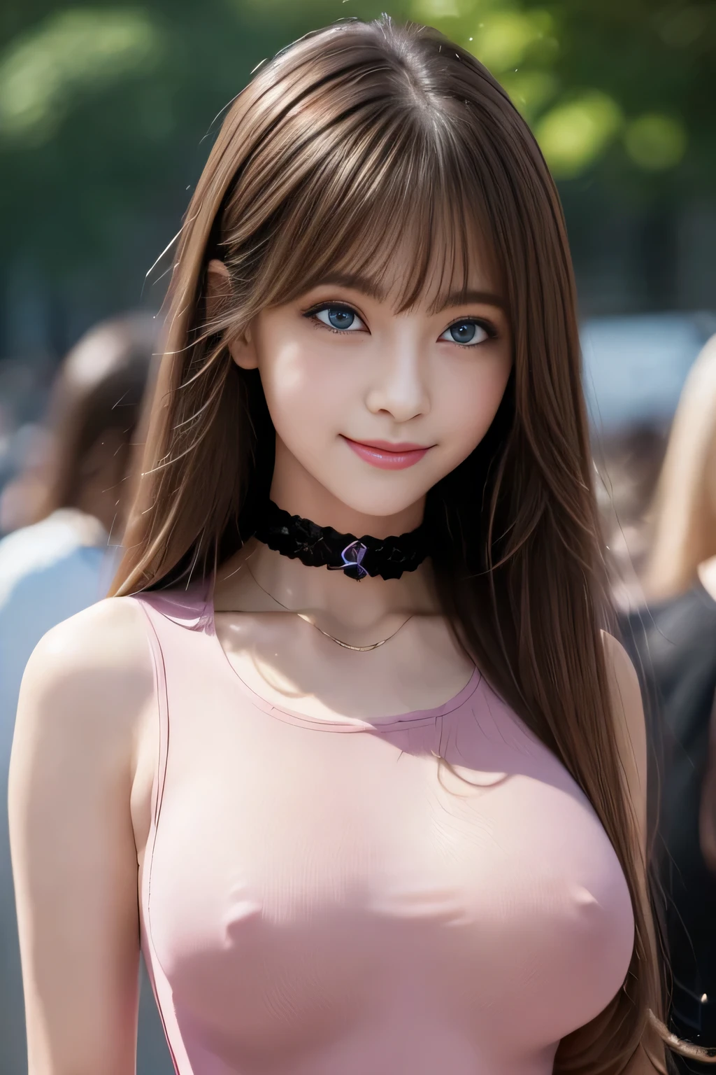 ((masterpiece, High resolution)), ((Thousands, crowd)), girl, group, clone, (( brown haired girl, blonde girl、Medium Hair)), elegant, rich girl, Emotionless, Arms at sides, Straight spine, (((Pink leotard))), Upright and immobile posture, shoulder to shoulder, Same pose, The sisters are lined up in an orderly fashion, Many lines, crowd Shot, ((Black Choker, blue eyes, Very long eyelashes, bangs, , smile))，slim、((Big )), Round Breasts、Covered in lotion、Slimy、covered with mucus、Pink slime