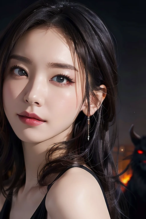 Beautiful woman with red eyes posing for elegant photo with black giant demon, arpino,Gray Hair,Face to face, Ultra-realistic, Clear images,((A giant black demon in the background)),Demon in the background!,((Ogre in the background))