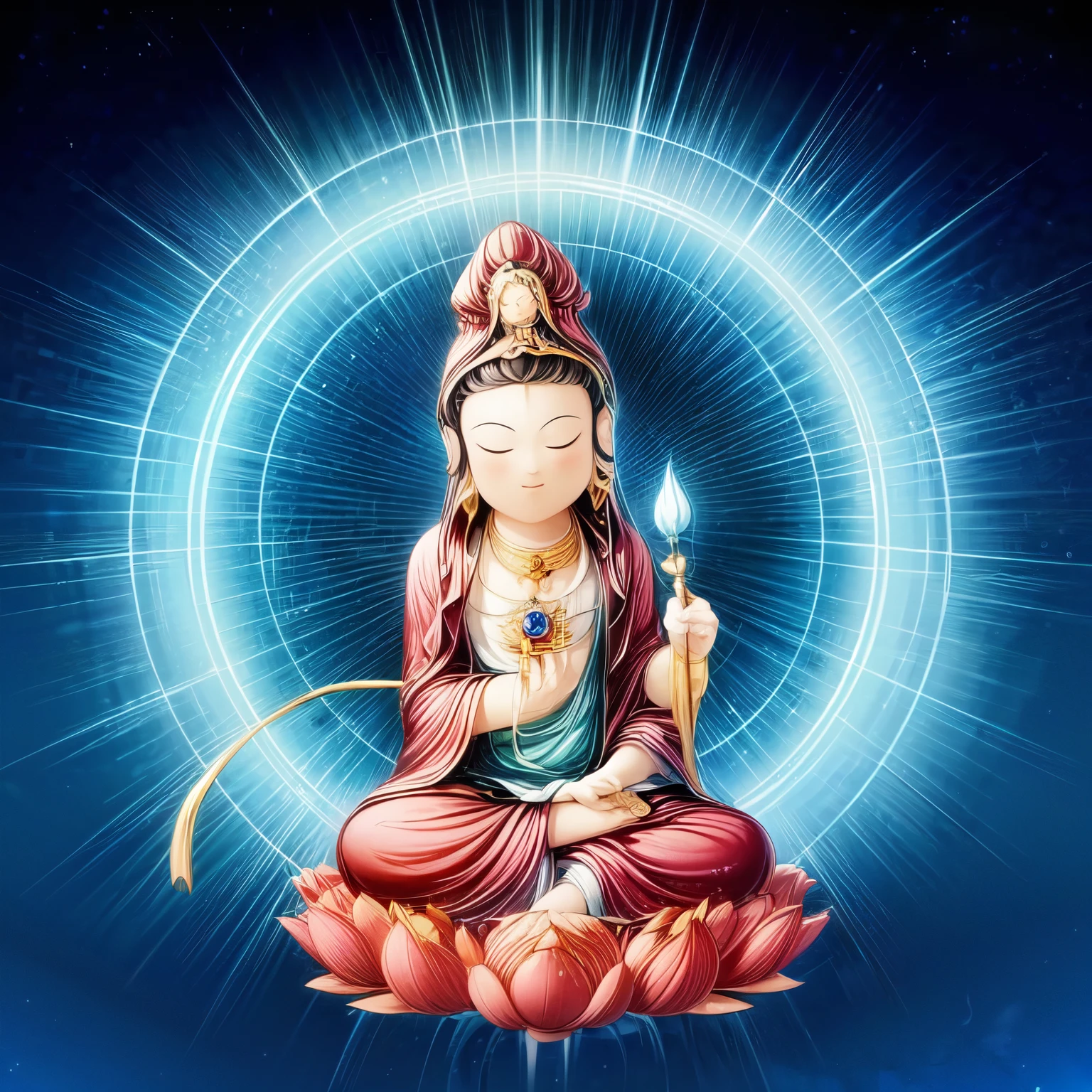 ((guanyin and mantra,1boy)),landscape,mountain,stars,starry sky,rainbow,night,sun,crown,necklace,circle,sitting on lotus,(lotus),jewelry,bracelet,crescent moon,earrings,magic circle,flower,bird,clock,blue theme,holding flower