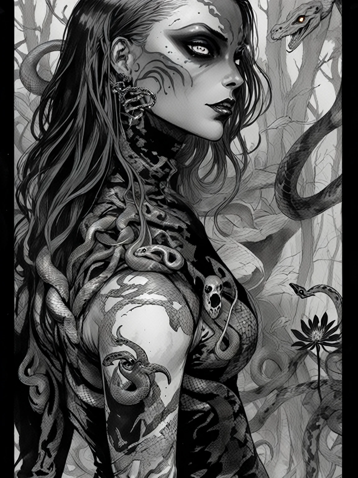 Medusa, splash page decompressed comic cover art, ink style figure,((expressive Joelle Jones and "Sean Gordon Murphy" comic drawing)), wordless, cinematic poster, double exposure, optical illusion, image within image, abyss void black no visibility darkness, full length portrait, (background, pine barrens, entropy, rewilding, magic hour sunset, galaxy stars, cosmos), (horror, abstract, surreal, body, cosmic), candid, snake skin dress, body anatomy drawn Frederic Delavier musculature anatomical illustration, (face, ornate black metal ?????? paint, resembles Grace Jones), (body, Naga, snakefolk, lower body snake tail, snake woman hybrid, bald, hairless, skeleton, snake skin tattoos, piercing eyes, snake pupils, over the shoulder), (colors, bleak muted deep fiery radiant glowing ROYGBIV, forest green, earth brown), craftsmanship nuance, (Gerardo Zaffino charcoal), subliminal orchids, nyctophobia, silhouette

