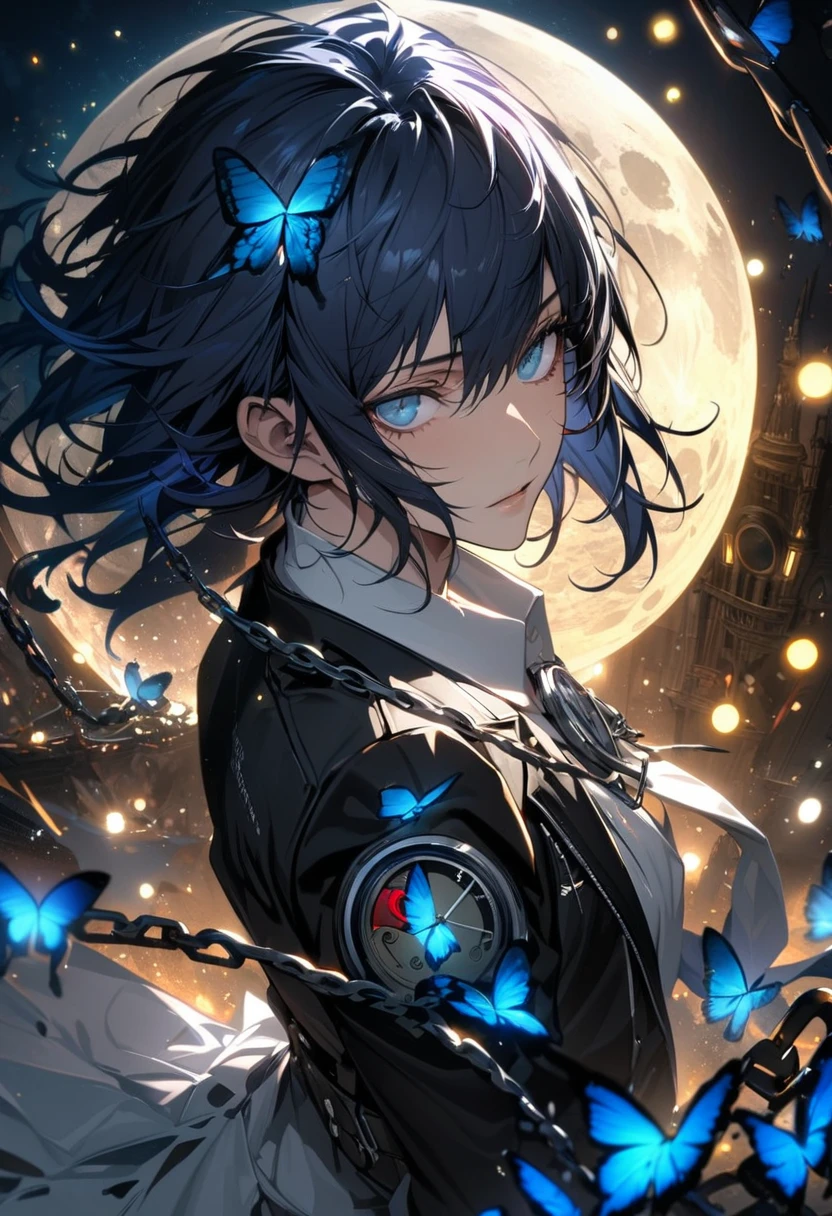 absurdres, highres, ultra detailed, HDR, master piece, best quality, extremely detailed face and eyes, perfect face, Arisato Minato, expressive  blue eyes, dark blue hair, Persona 3, solo, sexy man, handsome, black jacket, white dress shirt, clock mechanical moon, fantasy, chains, fireflies, butterflies 