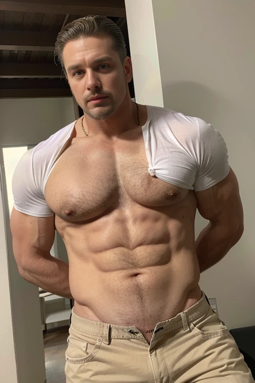 60 years, jefe hombre blanco, very handsome and incredibly repulsive attractive, corpulento y corpulento, Benevolente, camisa de vestir ligeramente desabrochada dejando al descubierto su pecho peludo, distinguido caballero de mediana edad, pantalones, Big muscular body