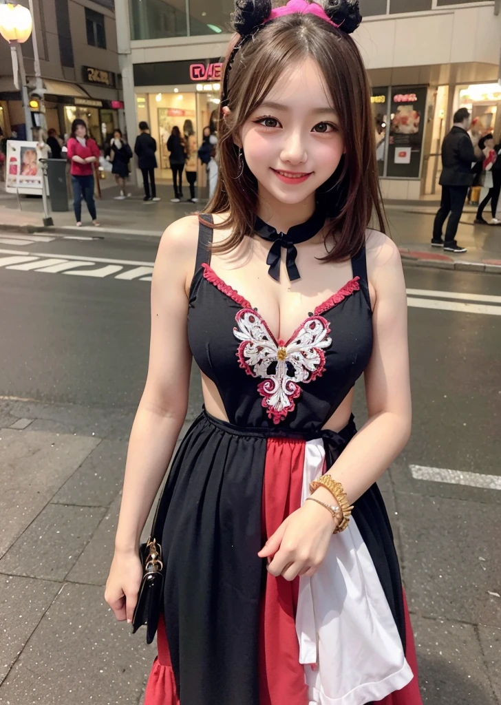 Street performer girl dressed as a clown、Clown makeup、cute gesture、smile、Full body shot、(((masterpiece))), (((highest quality))), ((intricate details)), ((surreal))、best lighting