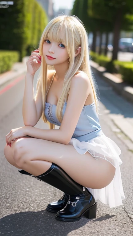 highest quality Shining, clear, white skin、Her windblown blonde hair hides her beautiful face、huge、20 years old cute sexy little beautiful face、Beautiful straight hair that stands out、growing up, Sparkling light blue eyes、long silky bangs that cover cute eyes, Sexy and cute young woman with super long hair hiding her sexy face、Super long, natural platinum blonde shiny hair Beautiful bangs that cover the forehead and reach the eyebrows Beautiful chest whole body Lower Body Overall image Sensual pose They are trying to seduce me. A devilish look Classic Gothic ta outfit Trying to kiss her with her beautiful lips Beautiful legs with buttocks sticking out Wearing knee socks Crouching with legs apart
