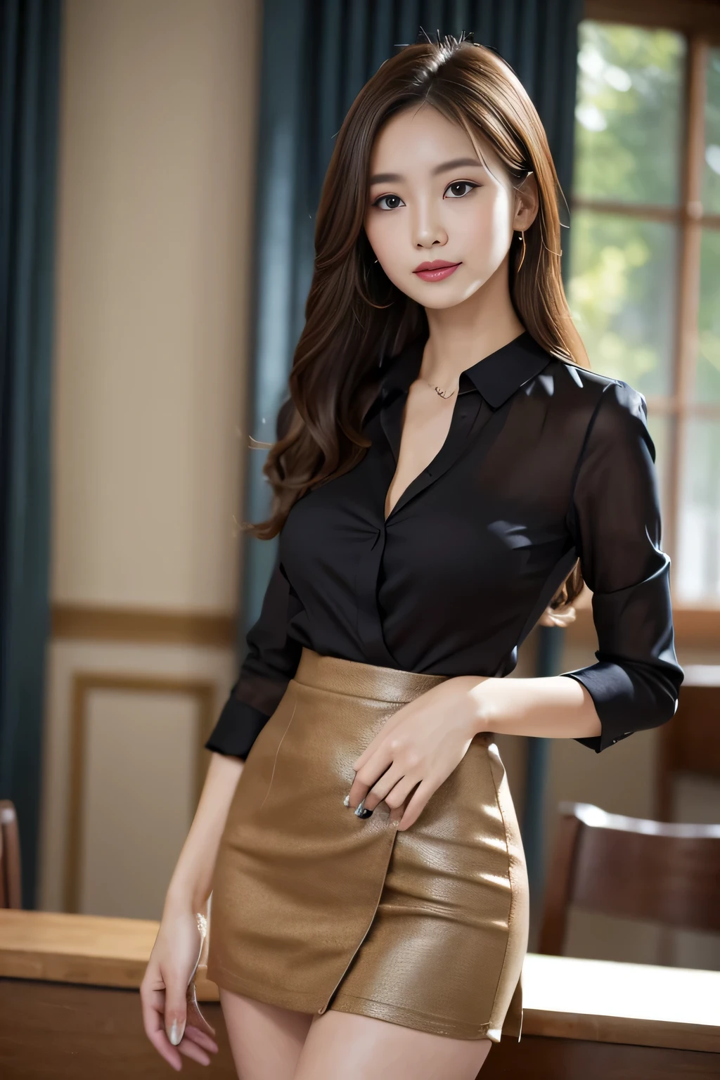 Tabletop, highest quality, Realistic, Very detailed, finely, High resolution, 8k wallpaper, One beautiful woman,, Light brown messy hair, He is wearing a black see-through dress shirt with an open collar......., Sharp focus, Perfect dynamic composition, Beautiful and detailed, Thinning hair, Detailed Realistic skin texture, smile, Close-up portrait, Model Body Type、president&#39;secretary、mini skirt、High heels、