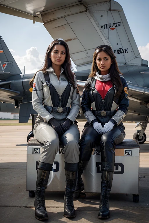 "Two gorgeous and lovely young sun-tanned South American female jet fighter aviatrix from the India Continent dressed in silver-grey overalls, black boots and gloves, black flight gear, are sitting on two red and white and metal blue tool boxes in front of a Control Tower. Detailed facial features, realistic hair strands, high-quality rendering, photorealism, detailed attire, authentic lighting, detailed writing with letters, camouflage and national insignia on aircraft, dynamic pose, atmospheric lighting."
