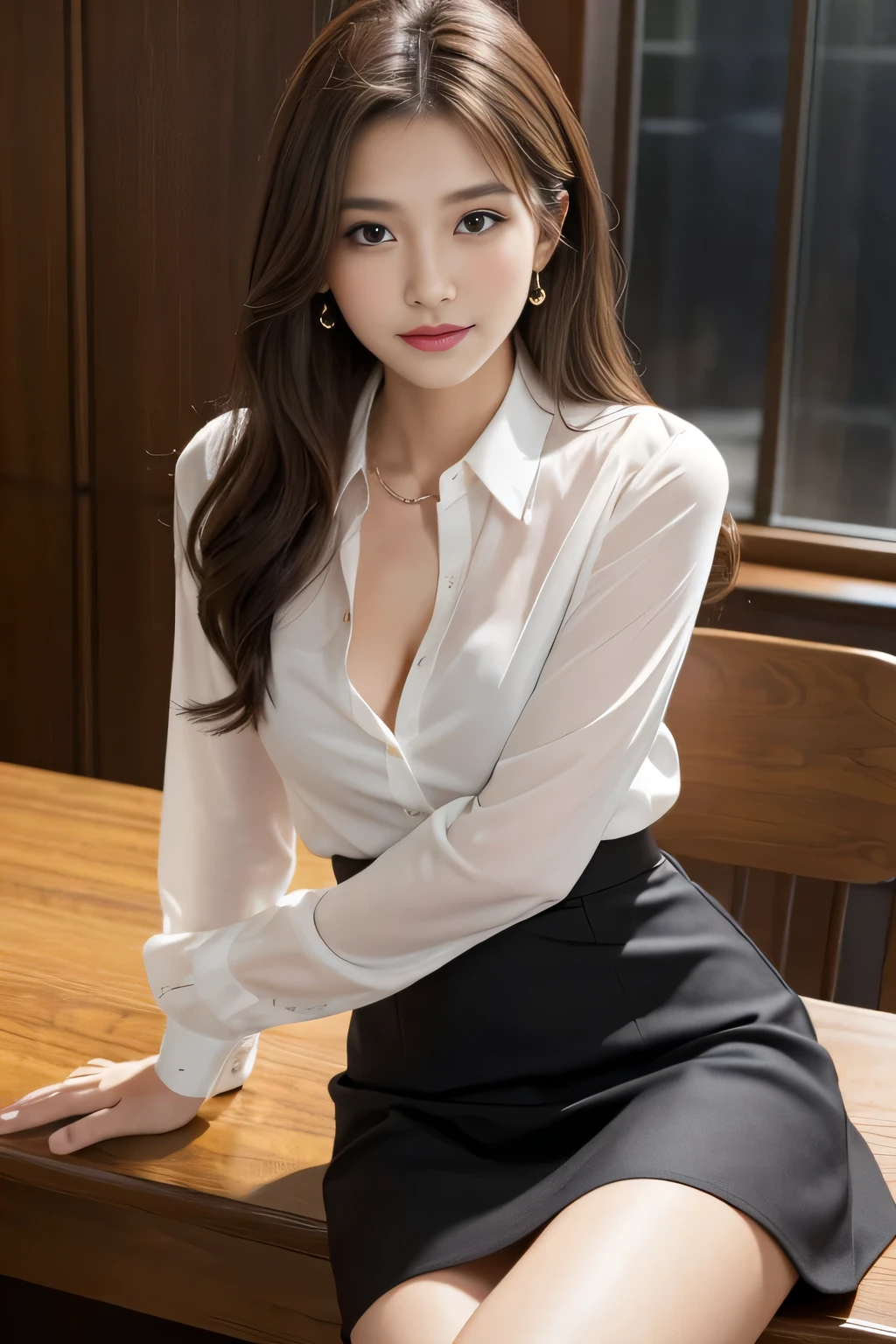 Tabletop, highest quality, Realistic, Very detailed, finely, High resolution, 8k wallpaper, One beautiful woman,, Light brown messy hair, He is wearing a black see-through dress shirt with an open collar......., Sharp focus, Perfect dynamic composition, Beautiful and detailed, Thinning hair, Detailed Realistic skin texture, smile, Close-up portrait, Model Body Type、president'secretary、mini skirt、High heels、