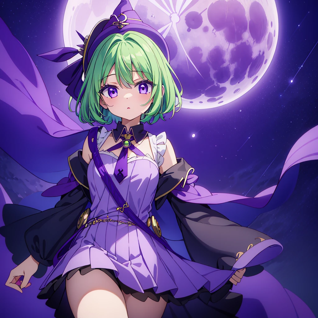 highest quality、Very delicate and beautiful、(Teenage Girl)、Purple Eye、Green Hair、Short-haired、(Purple Witch Hat)、Purple tie、I、Short sleeve、Purple Skirt、Purple Wizard Robe、belly button、standing、Look forward、Full moon night background