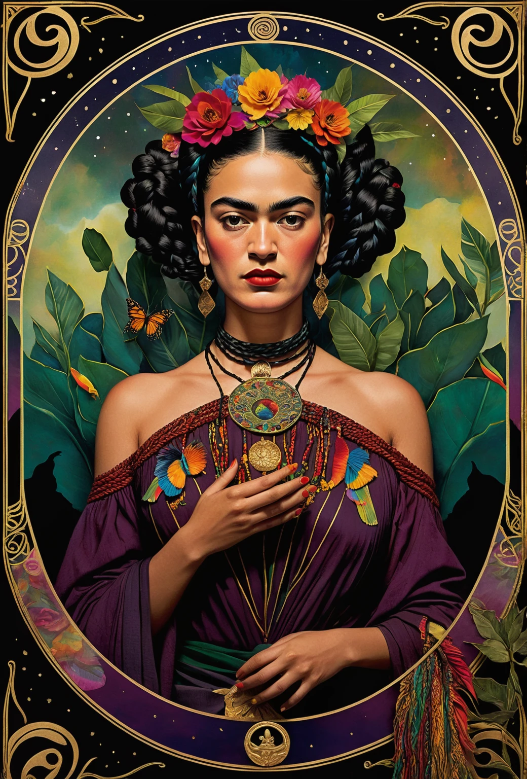 Frida Kahlo as a Tarot Card: Frida Kahlo,A goddess-like interpretation, vibrant colors, detailed portrait, surreal elements,Frida's iconic unibrow and braided hair,flowers and plants as symbolic representation of nature and growth,emphasize her powerful gaze and confident expression,rich texture and brush strokes inspired by Frida's own painting style,incorporate elements of Mexican culture and tradition, mystic atmosphere, hints of symbolism related to Frida's life and art, a touch of magical realism, detailed patterns in the background, surreal motifs like butterflies or surreal animals, a halo or a radiant aura to highlight her divinity, intricate costume inspired by traditional Mexican clothing, vibrant color palette with bold contrasts, soft and ethereal lighting, exquisite attention to facial features and expressions, a sense of empowerment and inner strength, an overall composition that reflects the enigmatic allure of tarot cards, a touch of Frida's signature artistic flair. (best quality, highres, vivid colors, photorealistic, artistic interpretation, detailed portrait), surreal tarot card, Frida Kahlo as a goddess in the tarot deck.