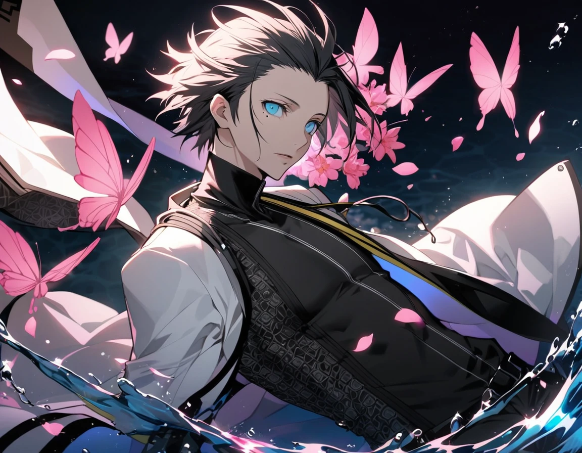 Ultra detailed, Highres, absurdres, Mochizuki Ryouji, black swept back hair, blue eyes, Persona 3, mole under the eye, white long coat with patterns, pink flowers, petals, extremely handsome, man, solo, very detailed eyes and face, black gloves, water, pink butterflies, black tight t-shirt, black pants,