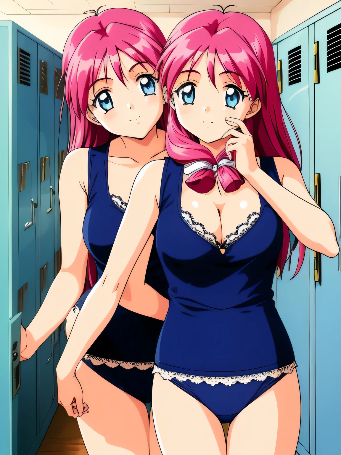 shirayuki, Two Girls, Multiple Girls, twins, smile, brother, Sisters, blue eyes,Browsing Caution,locker room,underwear,Take a selfie,good,retro artstyle, twins, Long Hair, 1990s (style), chest, brother, View audience, city, Day,
masterpiece, expensive quality, very_expensive_solve, big_file size, Full Color,
