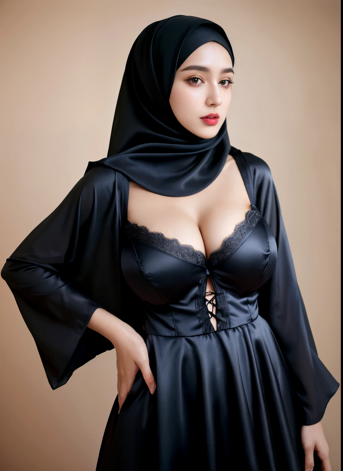 RAW photo of a 22 year old girl wearing modern hijab, gothic ta dress, satin, hijab face portrait, neutral background, 8k uhd, dslr, soft lighting, high quality, film grain, Fujifilm XT3, covered dress, decent dress,(big breasts:1.5), focus on the breast, expose the breast, over expose breast, (skin texture:1.2),(perfect bodies: 1.1)