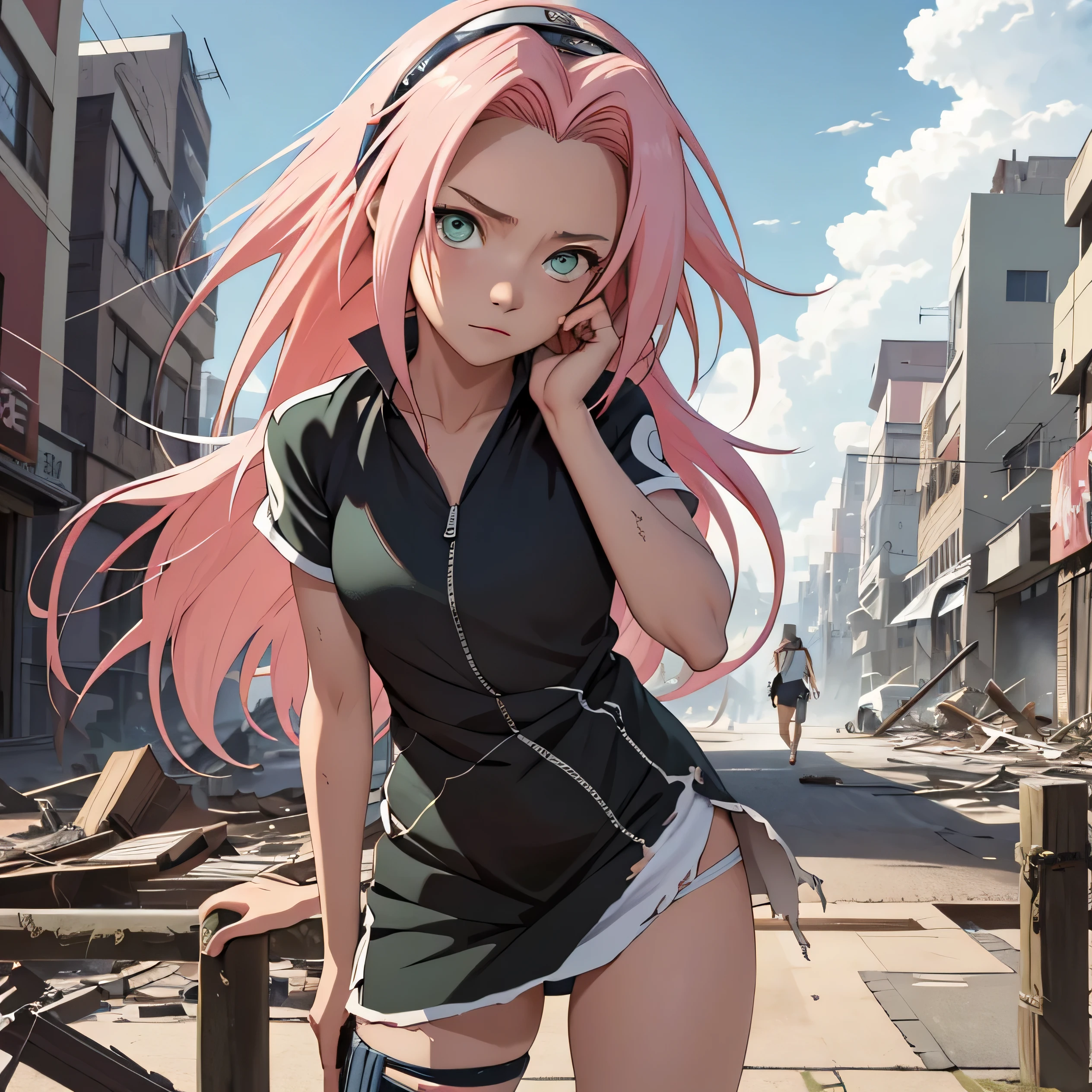 masterpiece, The best quality at its best, One girl,alone, Sakura Haruno, Small breasts,(Lower body close-up),Raised to be sexy,I'm shy,Pink Hair, Long white hair, (Green Eyes:1.3), Forehead Protection, Sharp focus, blue sky, cloud, Long red clothes,Zipper half, Knee position Kicking position, The wind is blowing, Destroyed City, After the battle, ruins, ((Dirty and very torn clothes)), (Torn clothes:1.5), The chest is torn, injured arm, White panties