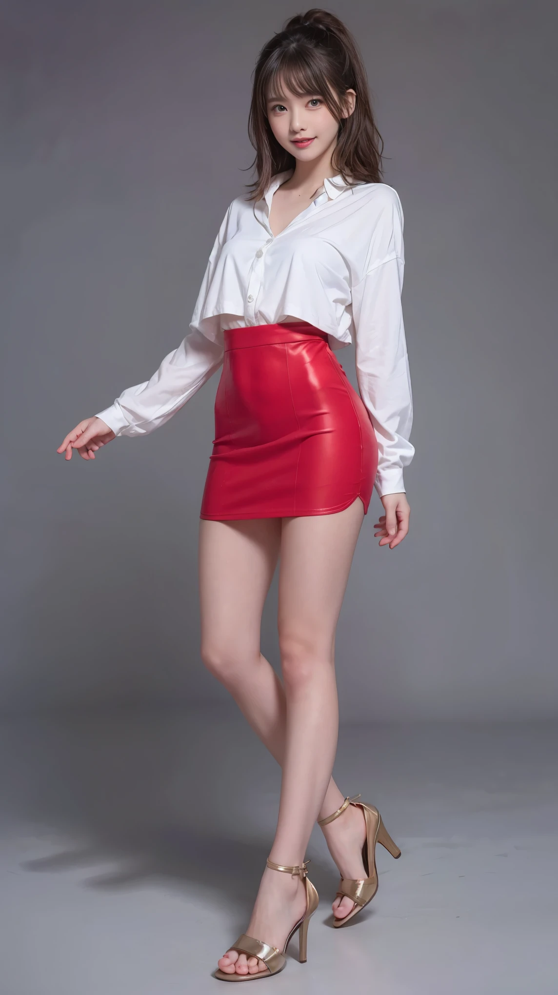 highest quality,masterpiece,Ultra-high resolution,Original photo,Ultra-high resolution,A beautiful 25-year-old woman wearing women's fashions popular in the 1980s,Long legs:1.5,Flared bleach mini skirt,Flashy makeup using red eyeshadow,Big smile,Short cut with delicate side waves,Full Body,Gray background,