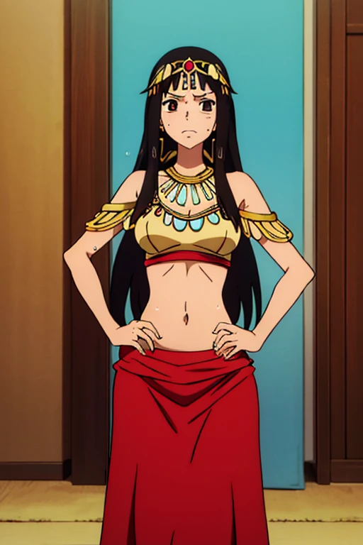 (best quality, masterpiece), brown skinned anime Cleopatra wearing a triangle top and long skirt, famished in hunger, (gently resting hands on stomach), (sweating), (long black hair), (hands on stomach), (pressing stomach with her fingers)