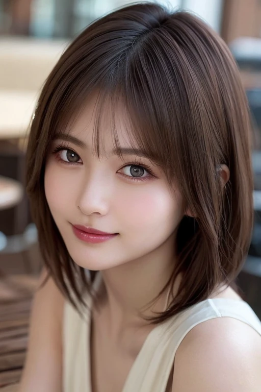 （highest quality:1.5）、(Realistic:1.5)、(1 person:1.5)、Very detailed、finely、High resolution、8k wallpaper、Perfect dynamic composition、Small 、Natural color lip、Cute smile、Japanese women、20-year-old girl、Beautiful and elaborate face、Perfect and beautiful face、Beautiful and detailed、Big eyes、Brunette eyes、Beautiful and elaborate face、Perfect and beautiful double eyelids、Natural Bangs、Beautiful thin nose、Beautiful Skin、Maroon brown hair、Medium Bob Hair、Short Hair、Natural Bangs、Open Cafe、Terrace seats、Perfect and beautiful face、Natural pose、Slim face and figure、(looking at the camera)、Bright lighting、Professional Lighting、front lighting、Bold sexy poNatural smile、Cold Shoulder、Halter Shoulder、Beautiful clavicle、（A sexy shot her looking straight at the camera）、
