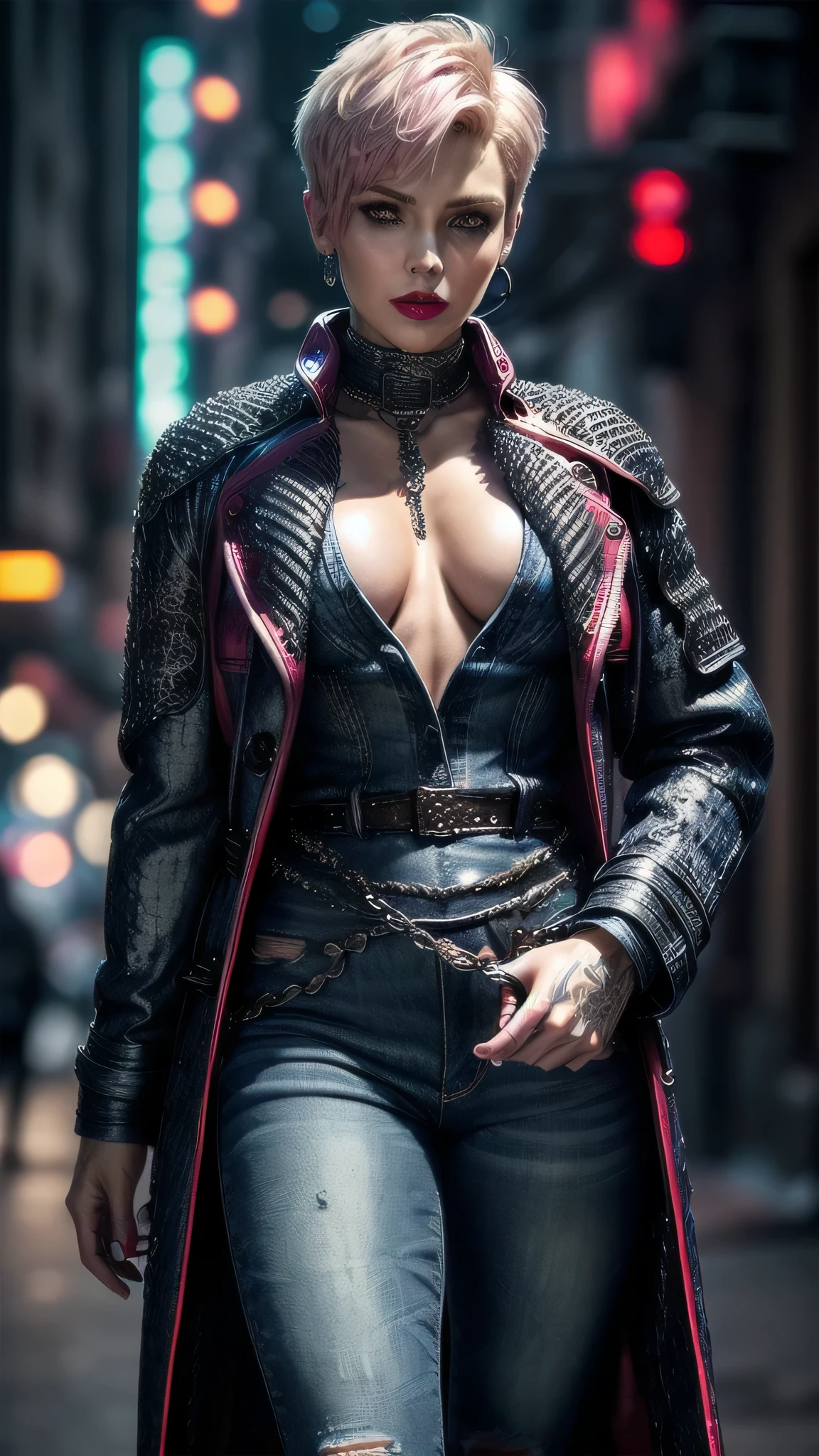 (masterpiece), (extremely intricate:1.3), (realistic), muscular bodybuilder girl, ((short undercut (([blonde hair:pink hair:0.7], [flat chest:large breasts:0.6], upper body, makeup:1.5, jeans, (perfectchainmail duster trenchcoat), red lips, neon night, darkness, shadow), tattoo:1.2))), outdoors, ((cyberpunk street)), professional photograph, sharp focus, dramatic, award winning, cinematic lighting, volumetrics dtx, (film grain, blurry background, blurry foreground, bokeh, depth of field), 8K