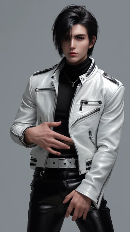 Final Fantasy-style graphics, young, Cute and cool Japanese boys, Thin eyebrows and big eyes,  He is wearing a shiny white single-breasted leather jacket...。Biker style leather jacket、 with epaulettes,  The jacket is zipped up, The jacket pockets are black., The jacket has a high stand-up collar with a belt, Also wearing a black turtleneck, black leather pants, Thin black leather gloves on both hands, Black leather knee-high lace-up boots, Show me your whole body from head to toe, Final Fantasy Style、((good looking))、((Handsome))、((Clear eyes and nose))、((Shiny white single leather jacket))、((The jacket must be white))、((The jacket has epaulettes))、((The jacket has a high stand-up collar and with a belt))、((The jacket has a black pocket))、((Black turtleneck shirt))、((black leather pants))、((Shiny black leather gloves on both hands))、((Black lace-up leather knee-high boots))、((View the whole body image from a distance))、Realistic image quality and texture、In a small cell、close your eyes、A kind smile、((The jacket is closed with a zipper))、((No exposed skin below the neck))、((Round face)、((Short hairstyle))、((Medium build))、