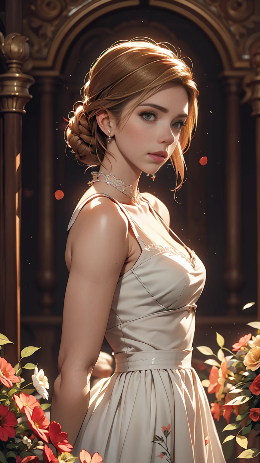 Scarlett Johansson stars in Marco Mazzoni-esque botanical masterpiece, detailed, Surreal, Front view, Elements of symbolism and surrealism, Painting by MSE、A charming and seductive Scarlett Johansson by Agnes Cecile, Bright design, pastel colours, Drops of ink, spring lights, Intricate Design, Focus on your audience intertwined, Beautiful, attractive and seductive Scarlett Johansson, Flowers, pastel, Focus on your audience, Front view