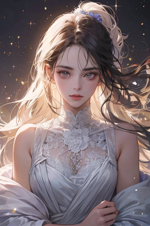 (Detailed lips), (realistically:1.37), (vivd colour), (Studio lighting), (Focus sharp), (HighDynamicRange), (bokeh), (to contrast), (k hd:1.2),  (Elegant), (gracefulness), (youthful), (luxury accessories), (sparkle eyes), (Radiant), (serene), (glowing), (like a dream), (dynamic), (gorgeous one), (sensitive), (drastic), (Complex), (Eternal), (Dress beautifully with lace embroidery), (mistic), (Ethereal), (mistic), (flawless perfection), (Interesting), (unique), (tmasterpiece), (A high resolution), (Best quality at best, 4K, 8K), Alone, 18yo Girl.