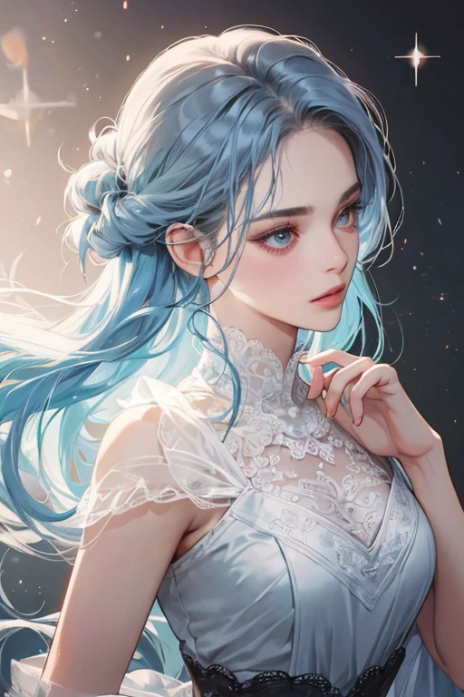(Detailed lips), (realistically:1.37), (vivd colour), (Studio lighting), (Focus sharp), (HighDynamicRange), (bokeh), (to contrast), (k hd:1.2), (Elegant), (gracefulness), (youthful), (luxury accessories), (sparkle eyes), (Radiant), (serene), (glowing), (like a dream), (dynamic), (gorgeous one), (sensitive), (drastic), (Complex), (Eternal), (Dress beautifully with lace embroidery), (mistic), (Ethereal), (mistic), (flawless perfection), (Interesting), (unique), (tmasterpiece), (A high resolution), (Best quality at best, 4K, 8K), Alone, 18yo Girl.