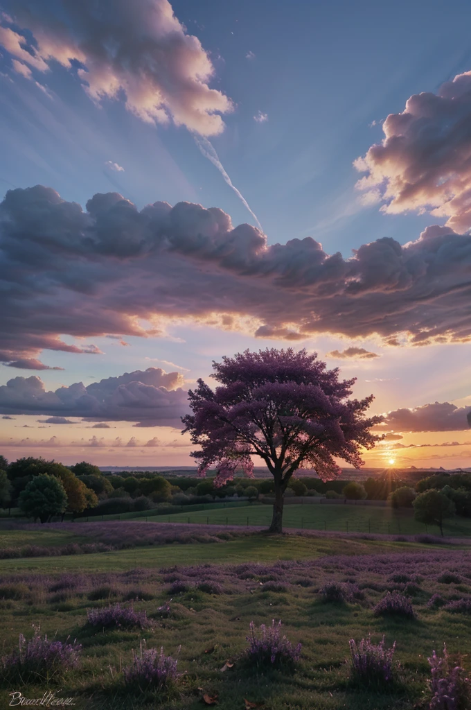 A purple or pink tree and a sunset with clouds and falling leaves