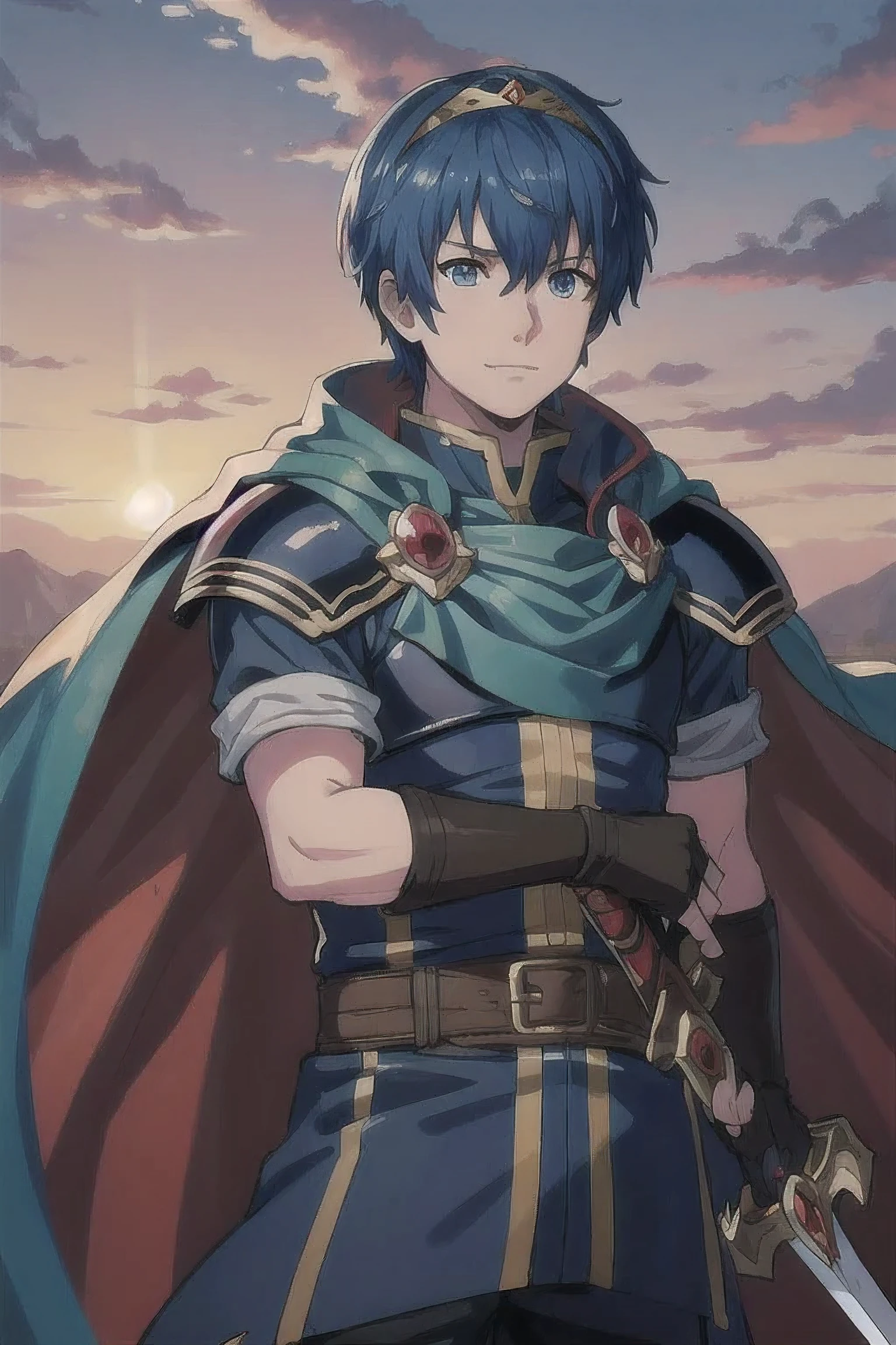 masterpiece, highest quality, Mars,fire emblem, tiara, Cape, armor, blue tunic, Fingerless gloves, belt, pants, Cowboy Shot, Are standing, cloud, sunset, Frowning, smile, View your viewers, holding longsword, Falchion, sword, arms,