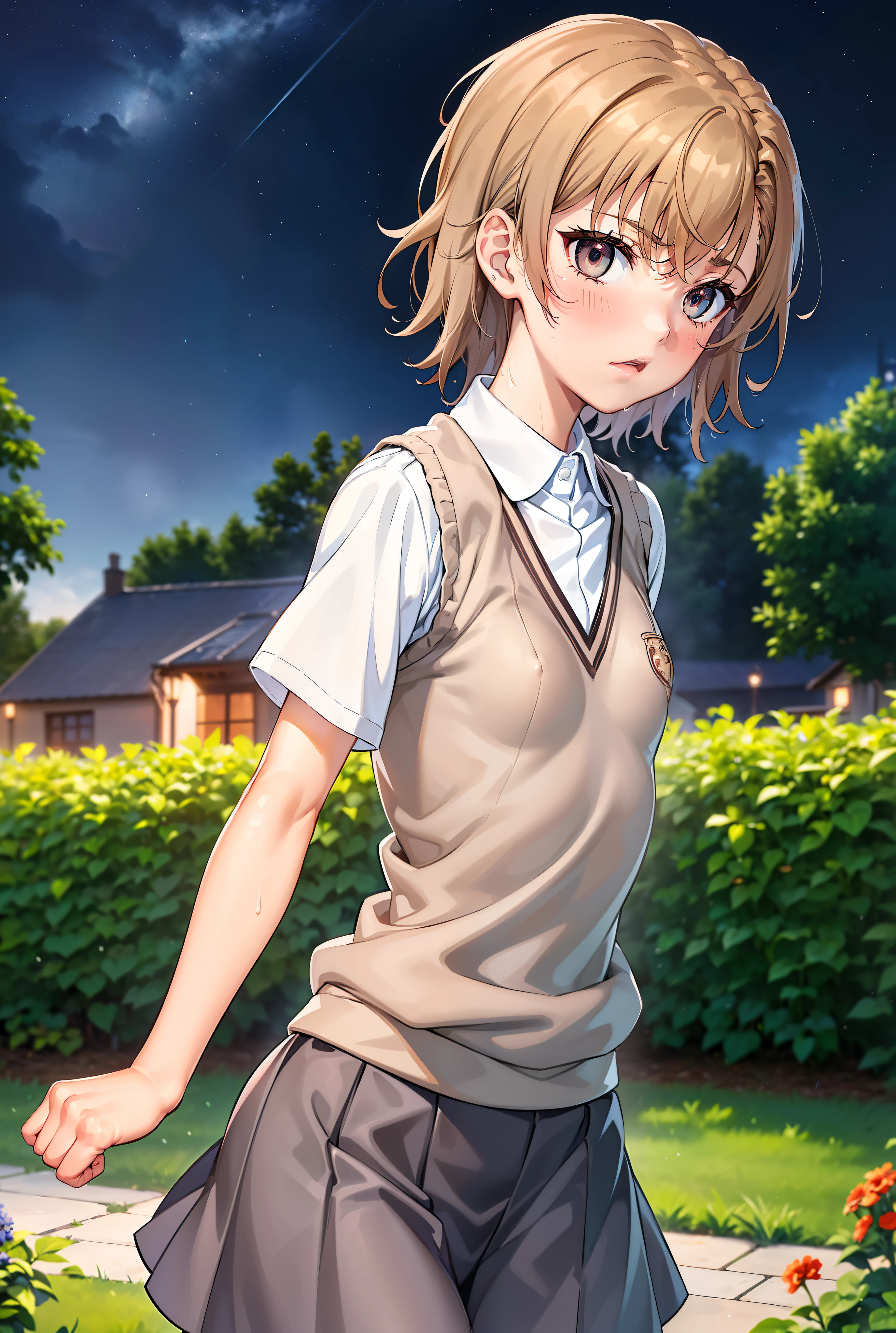 Smooth anime CG art、Focus Only、1 girl、Front view、(((Upper Body)))、(((Grey Skirt)))、Sweater vest、Short sleeve、(((Small breasts)))、(((sweat)))、Semi-short hair、(((Sweaty)))、Watery eye、blush、(((Embarrassed look)))、((Open your mouth))、(((Are standing)))、Spread your legs、((garden))、((Night Sky))、Midnight、Outdoor