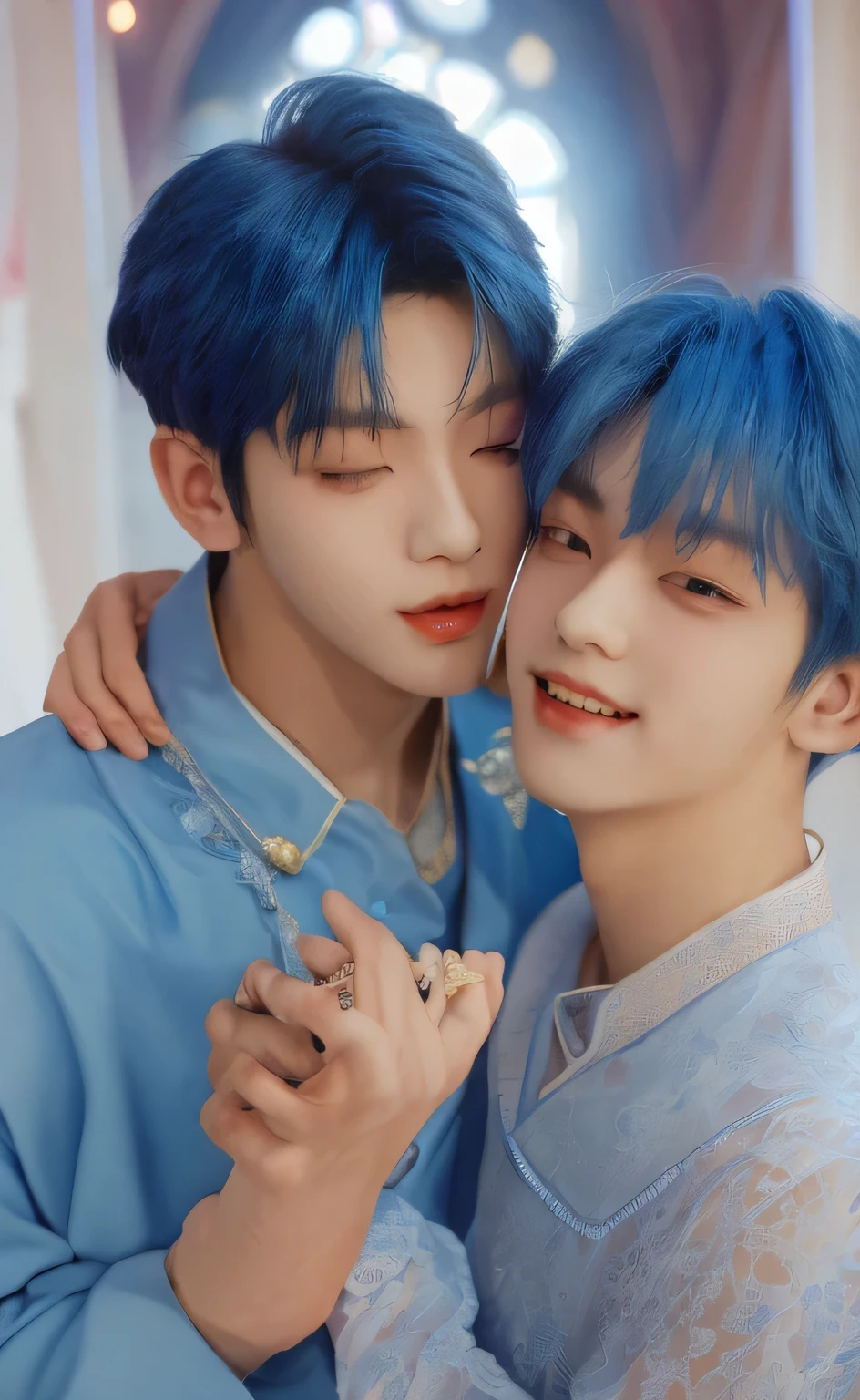 masterpiece,best quality,real,upper body portrait,masterpiece,Soobin and Yeonjun from ( TXT) kissing at their wedding’s altar_\(Tomorrow X Together\),stage:1.8,stage makeup, stage lighting,china dress, cheongsam:1.2,(white skin,male figure:1), (close-up photo:1.2),1boy,fair complexion,broad shoulders:1.5,(blue hair, :1.2),(reckle), freckle,smile,cat ears:1.8,shy