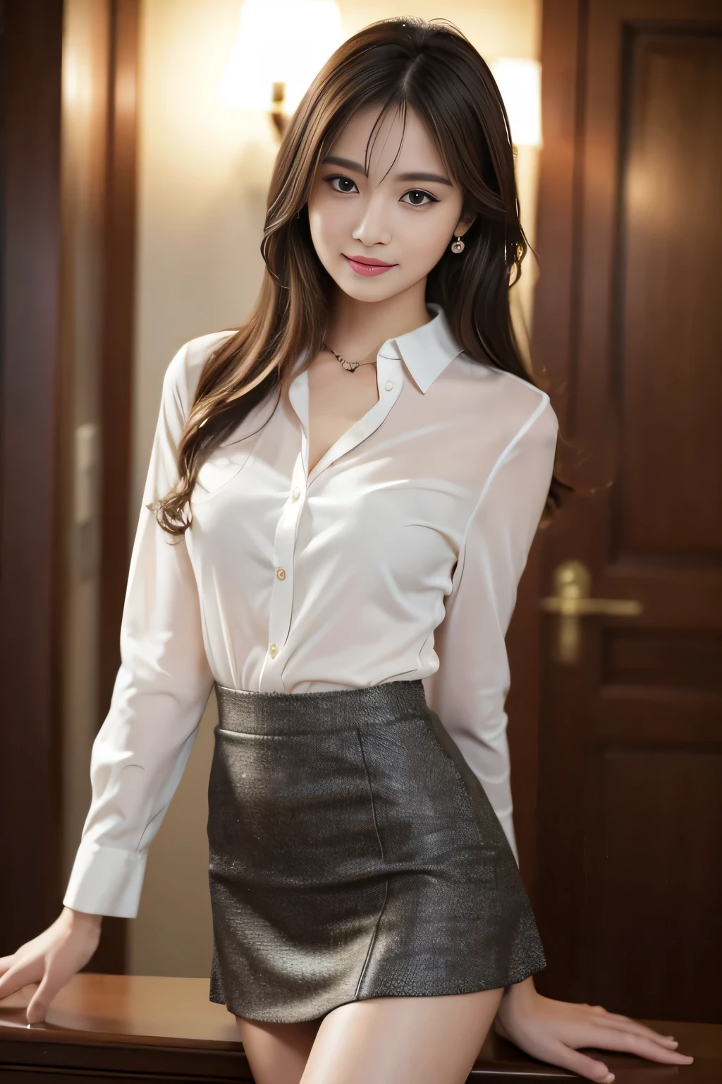 Tabletop, highest quality, Realistic, Very detailed, finely, High resolution, 8k wallpaper, One beautiful woman,, Light brown messy hair, He is wearing a black see-through dress shirt with an open collar......., Sharp focus, Perfect dynamic composition, Beautiful and detailed, Thinning hair, Detailed Realistic skin texture, smile, Close-up portrait, Model Body Type、president&#39;secretary、mini skirt、High heels、