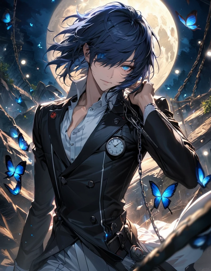 absurdres, highres, ultra detailed, HDR, master piece, best quality, extremely detailed face and eyes, perfect face, Arisato Minato, expressive blue eyes, short dark blue hair, bangs over his left eye, Persona 3, solo, sexy man, handsome, black jacket, white dress shirt, clock mechanical moon, fantasy, chains, fireflies, butterflies